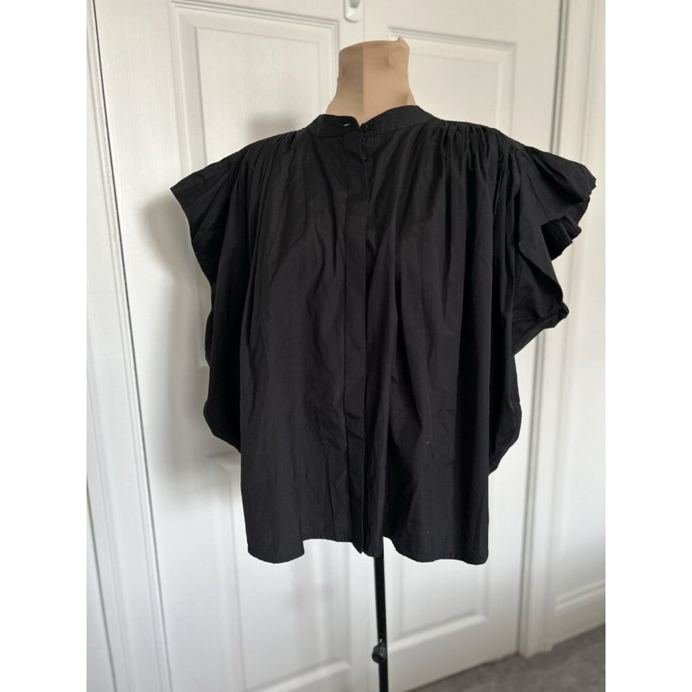 Madewell Poplin Shirred Button-Up Shirt Black Ruffle Sleeve Relaxed Fit Size XL - Picture 3 of 11